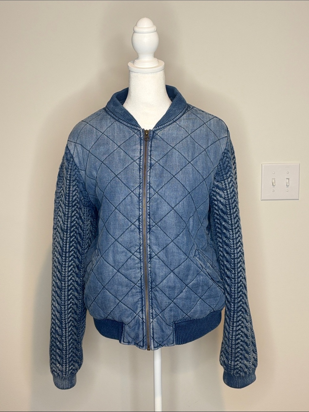cloth & stone Blue Quilted Bomber Jacket with Knit Sleeves